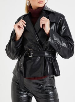 Buy Faux Leather Belted Jacket Black in UAE