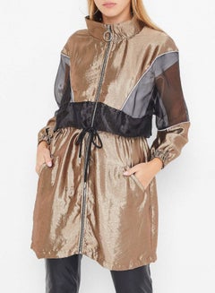 Buy Organza Paneled Longline Jacket Black/Brown in Saudi Arabia