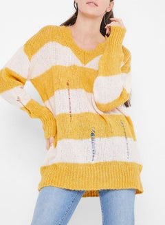 Buy Striped Rip Detailed Sweater Yellow/White in UAE