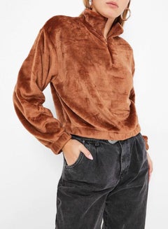 Buy Faux Fur Cropped Sweatshirt Brown in Saudi Arabia