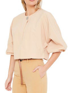 Buy Balloon Sleeve Cropped Jacket Beige in Saudi Arabia