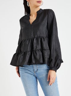 Buy Polyester Mandarin Neck Top Charcoal in Saudi Arabia