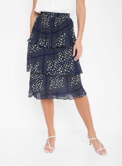 Buy Solid Design Patterned Tiered Skirt Blue/White in UAE