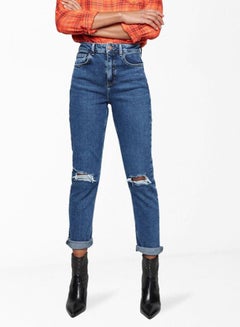 Buy Ripped Slim Fit Mom Jeans Blue in Saudi Arabia