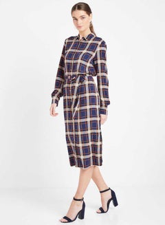 Buy Tie Waist Checked Shirt Dress Navy in UAE