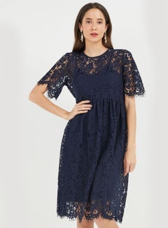 Buy Lace Overlay Dress Navy Blue in UAE