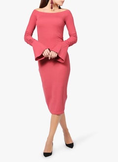 Buy Bell Sleeves Bardot Midi Dress Pink in UAE