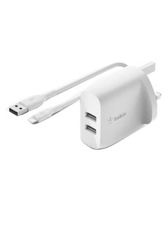 Buy Boost Charge Dual USB-A Wall Charger 24W + USB-A to Lightning Cable (for iPhone 14 and 13 series, iPad, AirPods, more) White in UAE