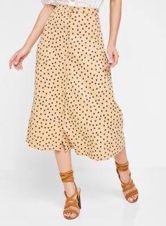 Buy Polka Dot Printed Buttoned Skirt Yellow/Brown in Saudi Arabia