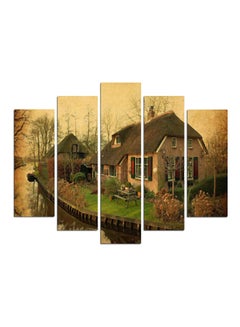 Buy 5-Pieces River House Themed Decorative Wall Painting Set Beige/Green/Brown 150x60cm in Egypt