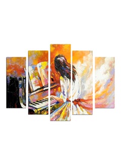 اشتري طقم لوحات فنية لتزيين الحائط بتصميم سيدة تعزف على البيانو من 5 قطع برتقالي/أبيض/أسود 150x60سم في مصر