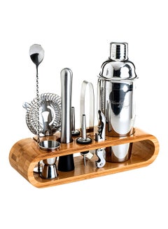 Buy 10-Piece Drink Mixer Set With Stylish Bamboo Stand Silver in UAE