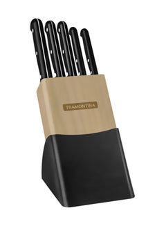 Buy 6-Piece Cutlery Set With Wooden Block Antibacterial Handles Black/Beige/Silver 25.5x14x6cm in UAE