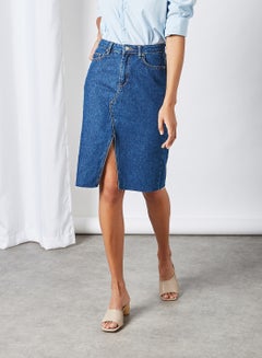 Buy Frayed Hem Denim Skirt Blue in Saudi Arabia