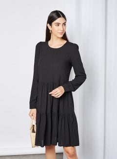 Buy Tiered Hem Long Sleeve Dress Black in Saudi Arabia