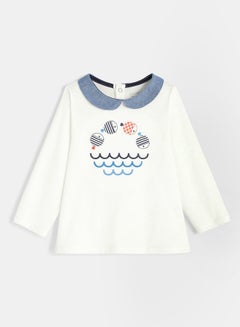 Buy Long Sleeves Embroidered T-Shirt White/Blue/Pink in Saudi Arabia