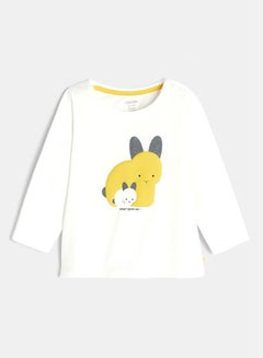 Buy Long Sleeves Rabbit Embroidered T-Shirt White/Yellow/Grey in Saudi Arabia