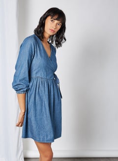 Buy Overlap Front Denim Dress Medium Blue Denim in UAE