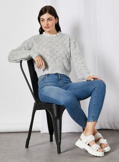 Buy Openwork Lace Detail Sweater Grey in UAE