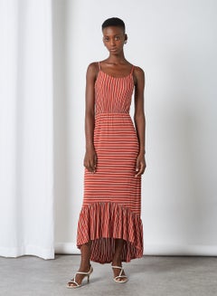 Buy Ruffle Hem Striped Dress Chili Oil in Egypt