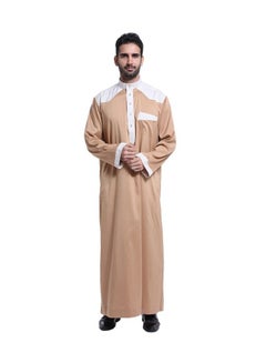 Buy Mandarin Neck Maxi kaftan Camel/White in Saudi Arabia