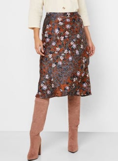 Buy Floral Printed Midi Skirt Brown/Blue/White in Saudi Arabia