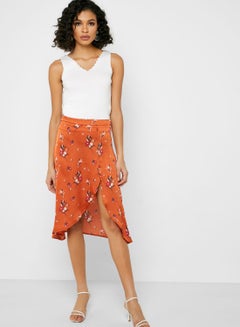 Buy Floral Printed Midi Skirt Orange in Saudi Arabia