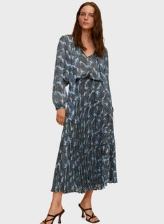 Buy Printed Pleated Midi Skirt Blue/Grey in Saudi Arabia