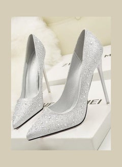 اشتري High Heeled Pointed Toe Rhinestone Decor Fashion Pumps Silver في السعودية