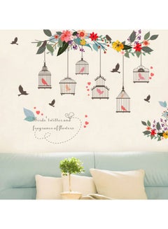 Buy Removable Flower Bird Cage Themed Wall Sticker Brown/Green/Blue 90x30cm in UAE