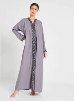 Buy Lace trim and stonework Abaya Grey in UAE