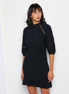 Buy Lace Insert Ruffle Trim Dress Black in Saudi Arabia