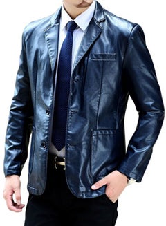 Buy Solid Casual Leather Jacket Blue in Saudi Arabia