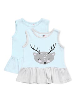 Buy Baby Girls  2-Piece Cotton Sleeveless Dress Set Sky Blue/Grey in UAE