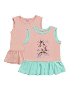 Buy Baby Girls  2-Piece Cotton Sleeveless Dress Set Pink/Green in Saudi Arabia