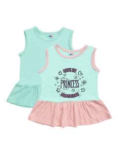 Buy Baby Girls  2-Piece Cotton Sleeveless Dress Set Green/Pink in Saudi Arabia