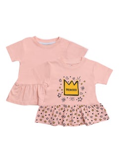 Buy Baby Girls  2-Piece Cotton Short Sleeves Dress  Set Pink/Black in UAE