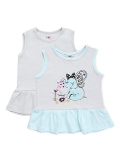 Buy Baby Girls  2-Piece Cotton Sleeveless Dress Set Grey/Sky Blue in UAE