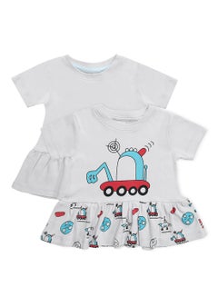 Buy Baby Girls  2-Piece Cotton Short Sleeves Dress  Set Grey/Red/Blue in UAE