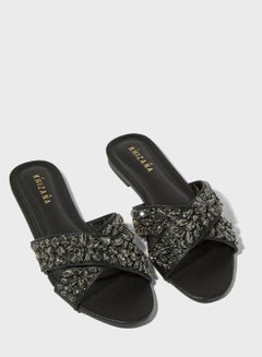 Buy Jewel Encrusted Crossover Flat Sandals Black in UAE
