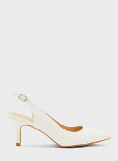 Buy Textured Pointed Slingback Kitten Heel Pumps White in Saudi Arabia