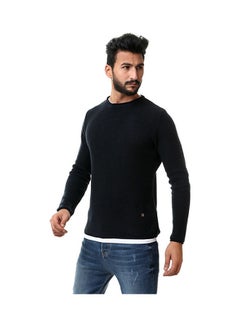 Buy Solid Round Neck Long Sleeve Pullover Navy Blue in Egypt