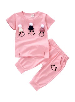 Buy 2-Piece Smiley Printed T-Shirt With Pants Pink/Black in Saudi Arabia