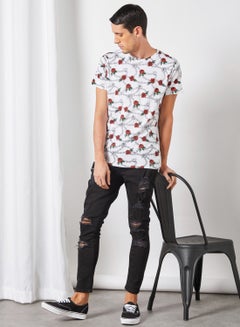 Buy Floral Rose Printed T-Shirt White/Black/Red in Saudi Arabia