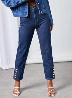 Buy Buttoned Hem High Waist Jeans Indigo in UAE