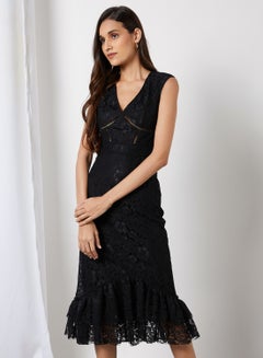 Buy Ruffle Lace Midi Dress Black in UAE