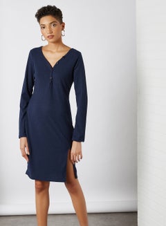 Buy Ribbed Side Slit Dress Navy in UAE