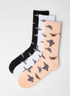 Buy Jacquard Butterfly Pattern Socks (Pack of 3) Black, White, Peach in Egypt