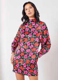 Buy Floral Print Dress Black/Pink/Orange in Saudi Arabia