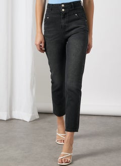 Buy Waist Detail High Rise Mom Jeans Black in UAE